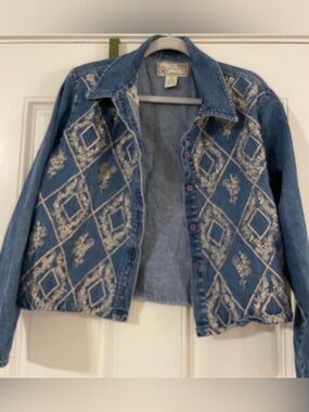 new directions Denim Jacket with Floral Embroidery - Blue, Sz. L.